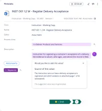 The metadata card of a document just added to M-Files, in Draft, with the AI's suggested process area and description shown in lilac boxes under the empty fields, a suggested Keywords property as a button, and a popover open on the description asking whether to add the value, with the source of the value and a note that it was AI-generated