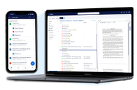 M-Files search results on a laptop and a phone, with documents, agreements and invoices listed by customer beside a preview of the selected file