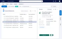 M-Files-webbklienten med månadsbokslutets arbetspapper för en period, vart och ett med sin status i granskningen, bredvid metadatakortet för en avstämning