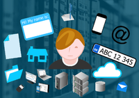 An illustration of a person surrounded by the kinds of personal data a company holds: a name tag, an address, a phone, an email address, a licence plate, documents and servers