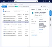 The agreement register in M-Files with a framework agreement selected, and beside it the assignment that reminds its owner to decide before the notice date