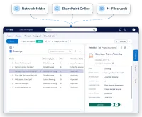 Illustration: a network folder, a SharePoint Online site and the M-Files vault joined to one M-Files window, where drawings are listed with their type, revision and workflow state beside the metadata card of an assembly drawing