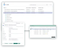 Three screens from M-Files: a list of corrective actions with the workflow state of each, the working copy of a procedure with its workflow at For Approval, and the version history showing the state each version was in