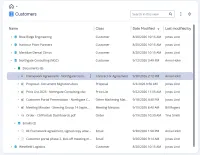 A customer opened in M-Files to its documents, a Word agreement, a proposal, an Excel price list, a PowerPoint presentation, minutes and a PDF order, and to its emails filed from Outlook