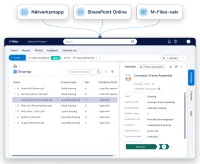 Illustration: en nätverksmapp, en SharePoint Online-webbplats och M-Files-valvet kopplade till ett M-Files-fönster, där ritningar visas med ritningstyp, revision och arbetsflödesstatus bredvid metadatakortet för en sammanställningsritning