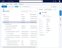 An employee's file in M-Files: her documents, emails and assignments listed under her name, with her metadata card beside them