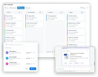 Tre skärmar ur CtrlDocs tillägg: en projekttavla från CtrlPortals med en kolumn för varje status, de personer som ett dokument delas med i CtrlShare, och ett M-Files-dokument som visas som ett kort i en Teams-chatt med CtrlConnect