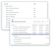 Two screens from M-Files: the list of common views, from governance documents and tasks to change requests and recorded issues, and the governance documents view opened with its procedures and policies