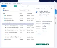 The M-Files web client with a customer opened to its documents and emails beside the metadata card of its framework agreement, with class, customer, contact person, dates and the workflow band at Approved
