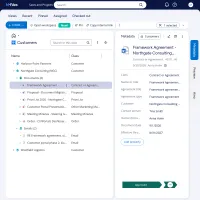 A customer in M-Files opened to its documents and emails, beside the metadata card of the framework agreement