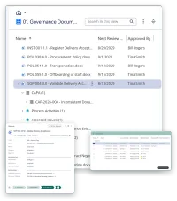 Tre skärmar ur M-Files: en lista över publicerade rutiner och policyer med nästa granskningsdatum och godkännare, arbetskopian av en rutin inför godkännande med redaktör, granskare och godkännare, och versionshistoriken för samma dokument