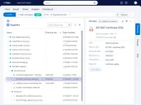 A Suppliers view in M-Files with one supplier opened to its framework agreement, its ISO and insurance certificates, its audit report and its emails, each with the date it runs to, beside the ISO certificate's metadata card