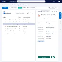 The M-Files web client with a list of drawings, each with its revision and its state in the drawing approval workflow, beside one drawing's metadata card