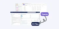 The same project's documents in a Microsoft Teams files tab and in M-Files, with an arrow from Teams to M-Files