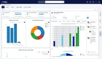 A CtrlPortals sales dashboard in M-Files with customer and pipeline figures and a chart of opportunities by workflow state, beside a customer portal with metadata fields, a chart and comments