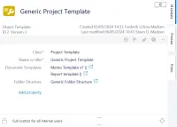 The metadata card of a project template in M-Files, listing its document templates and folder structure