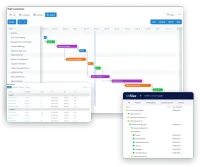 Three screens of a project in M-Files: the project plan as a gantt chart, the same plan as a list of tasks with their dates and state, and the folder structure the project's team gets from its template