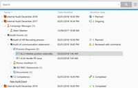 The M-Files desktop client listing internal audits with their workflow state, one audit expanded to show its audit events, process diagrams, ISO 9001 statements and documents