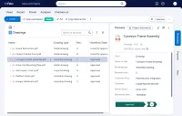 The M-Files web client with a list of drawings, each with its type, revision and state in the drawing approval workflow, beside one drawing's metadata card