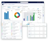 Three screens of a CRM built on M-Files: a dashboard of customers and sales opportunities with charts, the sales pipeline as a board with a column for each stage, and the same pipeline as a list