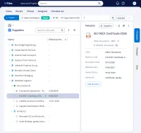 A supplier in M-Files opened to its framework agreement and its certificates, each with the date it runs to, and its emails, beside the ISO certificate's metadata card
