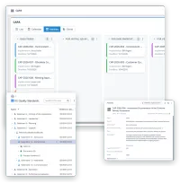 Tre skärmar ur VisualQMS: kraven i ISO 9001 listade som ett träd, en CAPA-tavla med varje CAPA i kolumnen för sin status i arbetsflödet, och metadatakortet för en CAPA med omfattning, non conformance och beskrivning