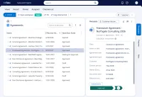 The M-Files web client with a contract register, agreements listed by the date each runs to with its type and workflow state, beside the framework agreement's metadata card