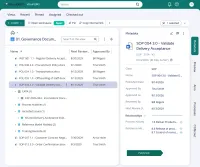 The M-Files web client with a list of published procedures and policies, one opened to the records linked to it, and its metadata card with approver, dates and next review date in the right pane