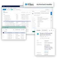 The M-Files web client with a customer opened to its documents and emails beside an agreement's metadata card, a drawing's version history with its revisions, the task to decide on the agreement before its notice date, and the M-Files logo with the words Authorised reseller
