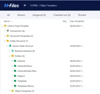 A generic project template in M-Files with its document templates, folder structure and folders such as General, Reports and Templates