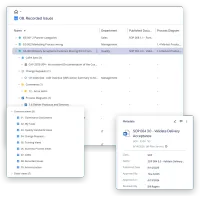 Three screens from M-Files: one recorded issue opened to the corrective action, the change request, the process diagram and the document linked to it, the vault's list of views, and the metadata card of a procedure with its class, approver and dates