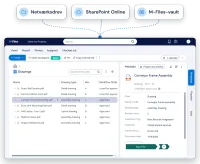 Illustration: et netværksdrev, et SharePoint Online-site og M-Files-vaulten forbundet med ét M-Files-vindue, hvor tegninger står med tegningstype, revision og workflowstatus ved siden af metadatakortet for en samlingstegning