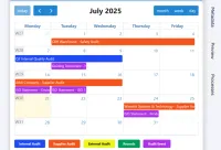 A CtrlPortals month calendar with internal, supplier and external audits and audit events in different colours
