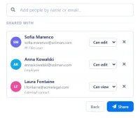 The CtrlShare share dialog with an M-Files user and an employee who can edit, and an external contact who can view